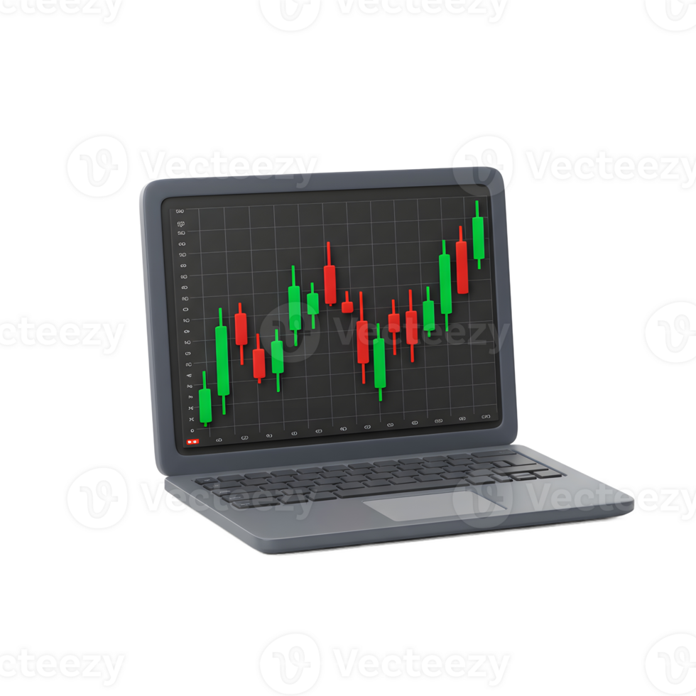 Laptop Displaying Stock Market Candlestick Chart for Investment Analysis png