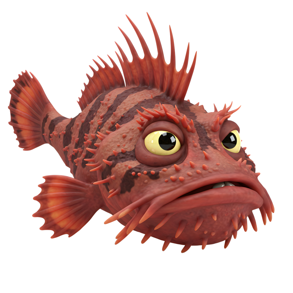 Cartoon Fish Character with Spikes and Stripes Isolated on White png