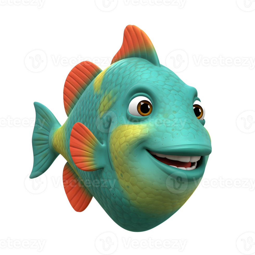Cartoon Fish Smiling with Teal Body and Orange Fins Animation Style png