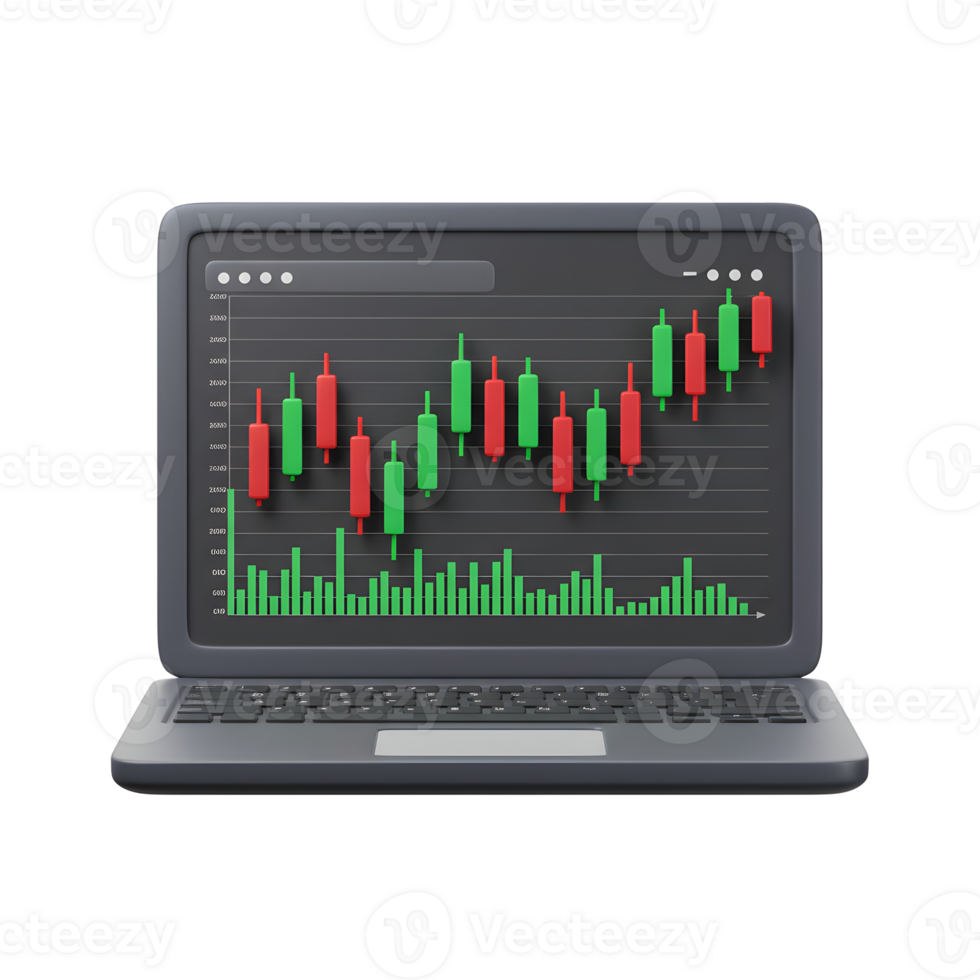 Laptop Showing Stock Market Chart with Candlestick and Volume Indicators png