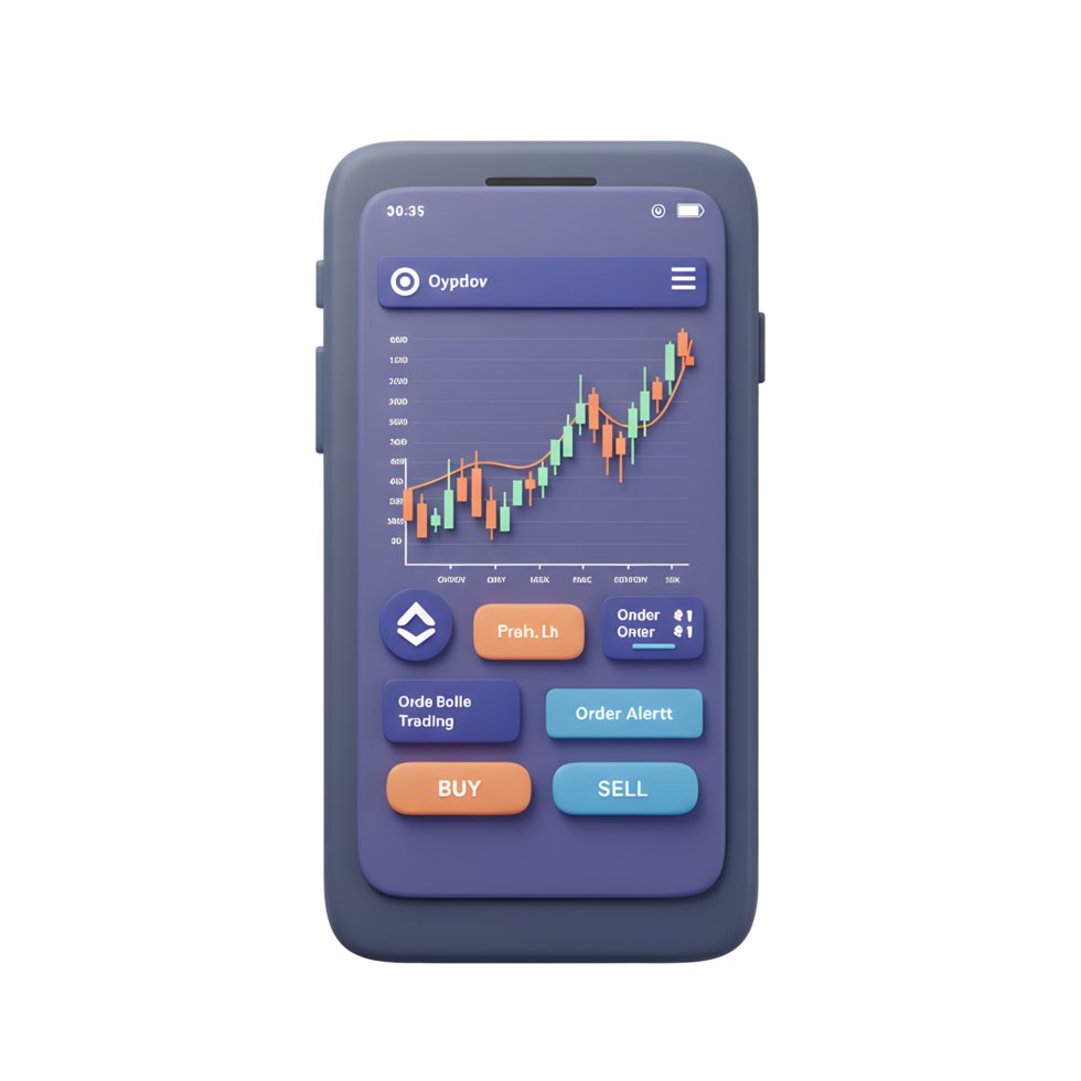Smartphone App Showing Stock Market Chart with Buy and Sell Buttons png