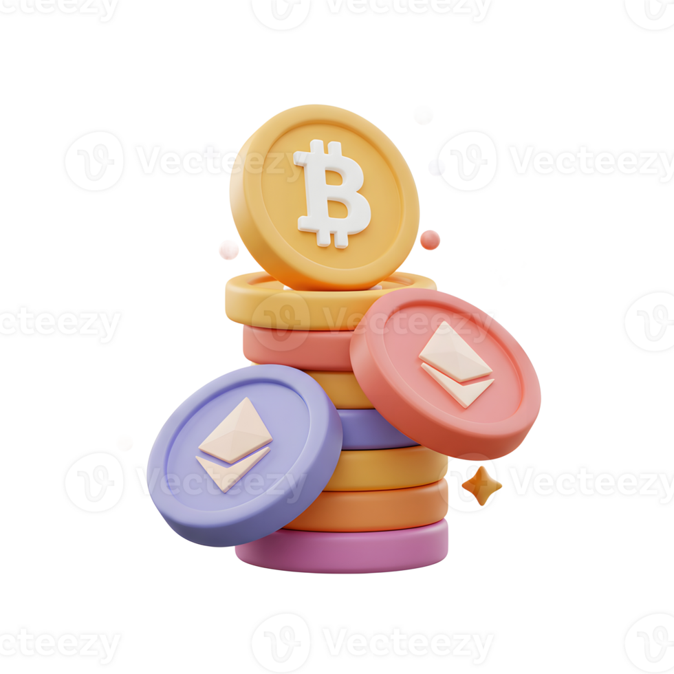 Stack of Bitcoin and Ethereum Crypto Coins Digital Finance Concept png
