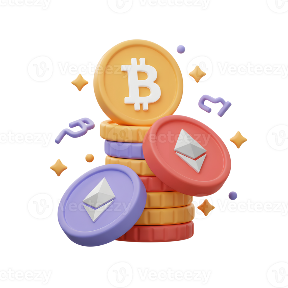 bitcoin e ethereum criptomoeda moedas empilhado ilustração do digital finança png