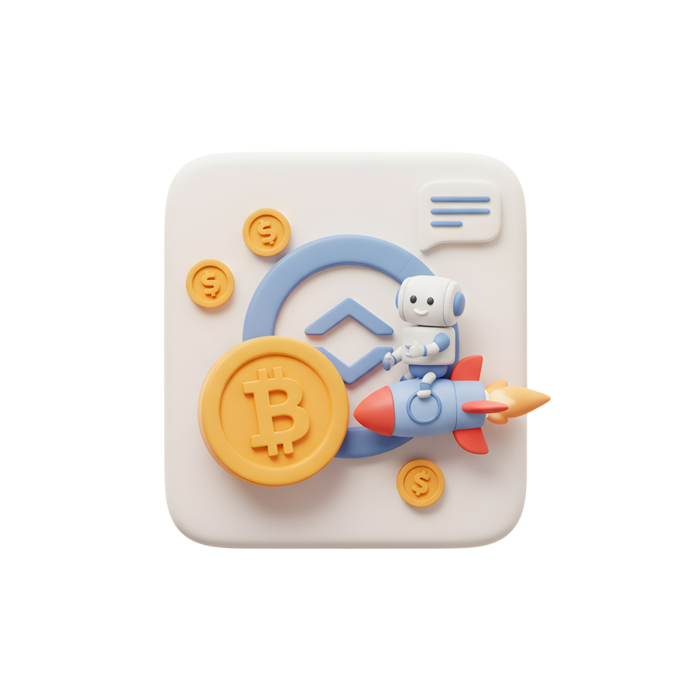 Robot Riding Rocket with Bitcoin Illustration for Cryptocurrency and Technology png