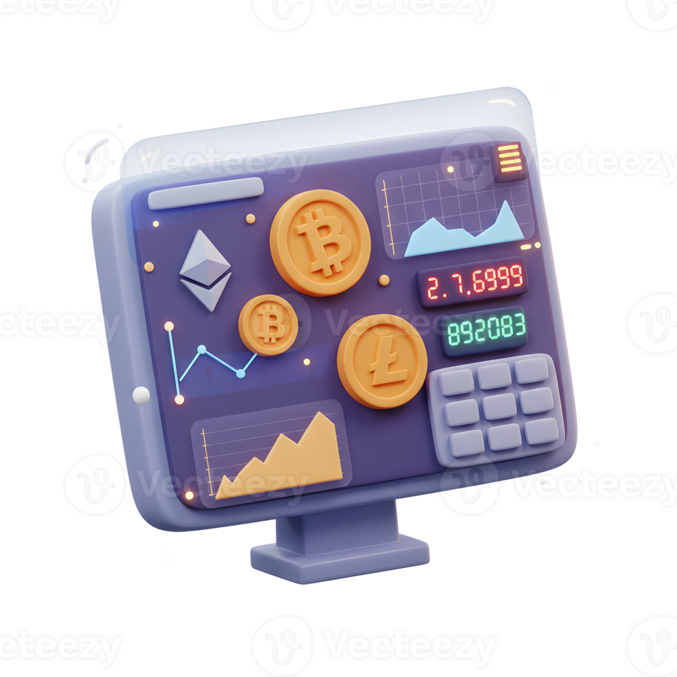 Cryptocurrency Trading Analysis on Computer Display with Bitcoin and Litecoin png