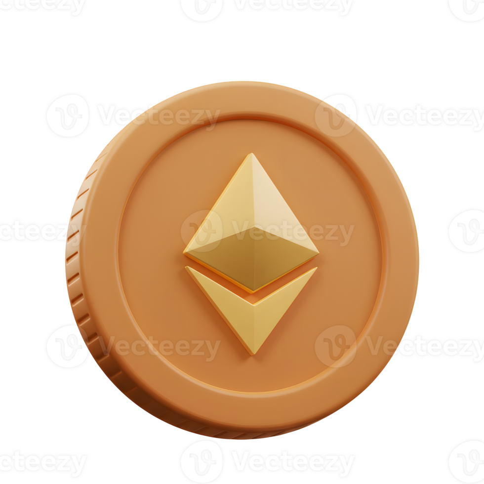Ethereum Coin Rendering Depicting Cryptocurrency and Blockchain Technology on White png