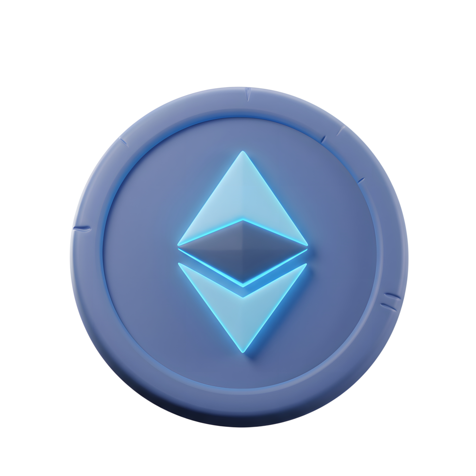 Ethereum Cryptocurrency Coin Render with Blue Lighting on White Background png
