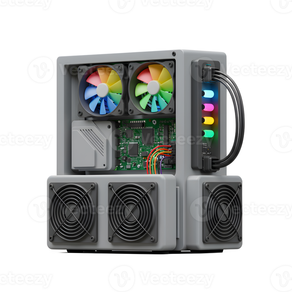 Gaming Computer Inside with Rainbow Fans and Circuit Board View png
