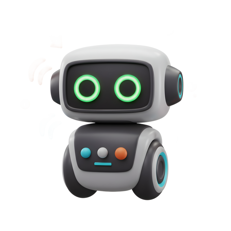 Cute 3D Robot Character with Glowing Eyes and Playful Decorations png