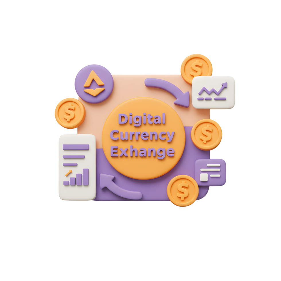 Digital Currency Exchange Illustration with Coins and Arrows on White Background png