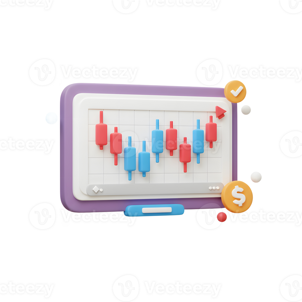 Analyzing Stock Market Chart with Dollar Coin Illustration on Tablet png