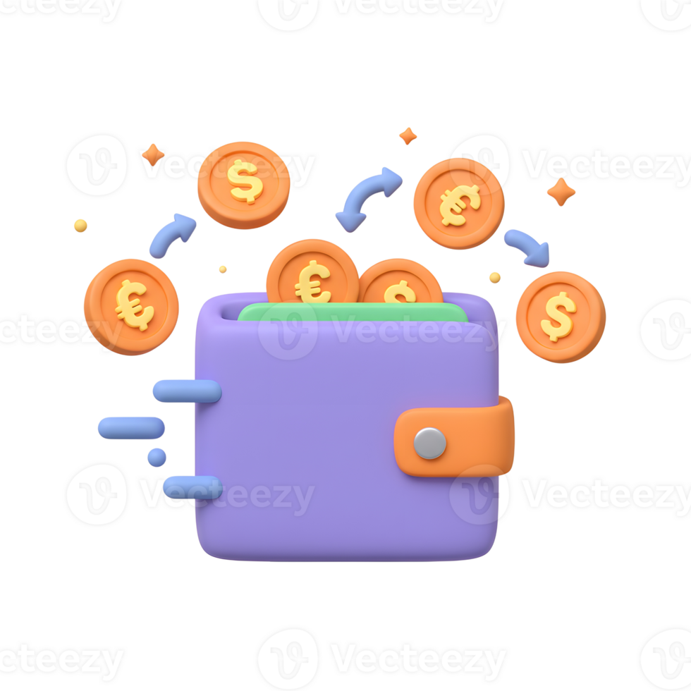 Wallet with Money Flowing In and Out Cartoon Style Illustration png