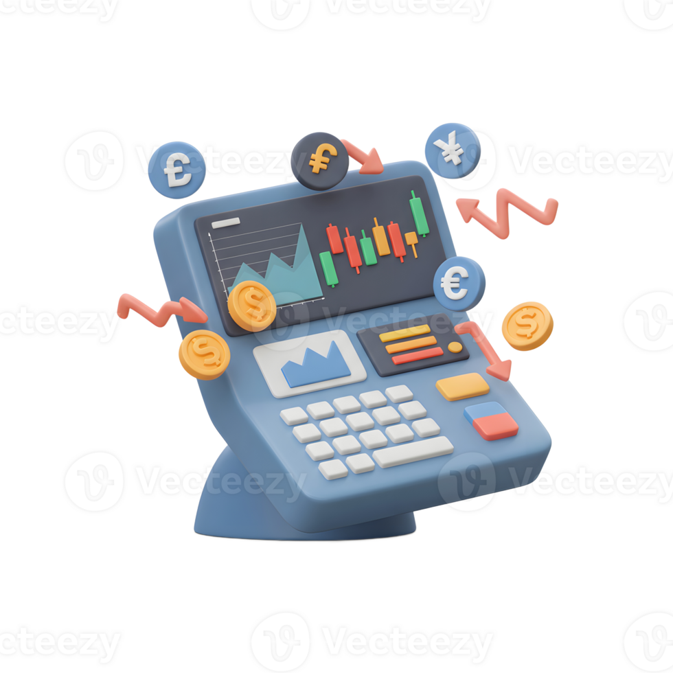Analyzing Stock Market Data with Calculator and Currency Symbols Animation png