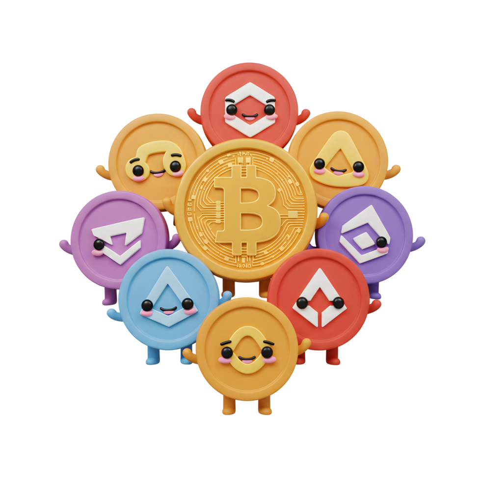 Cartoon Cryptocurrencies and Bitcoin Smiling Together Blockchain Investment Concept png