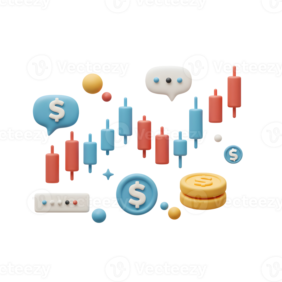 Stock Market Candlestick Chart with Coins and Communication Bubbles png