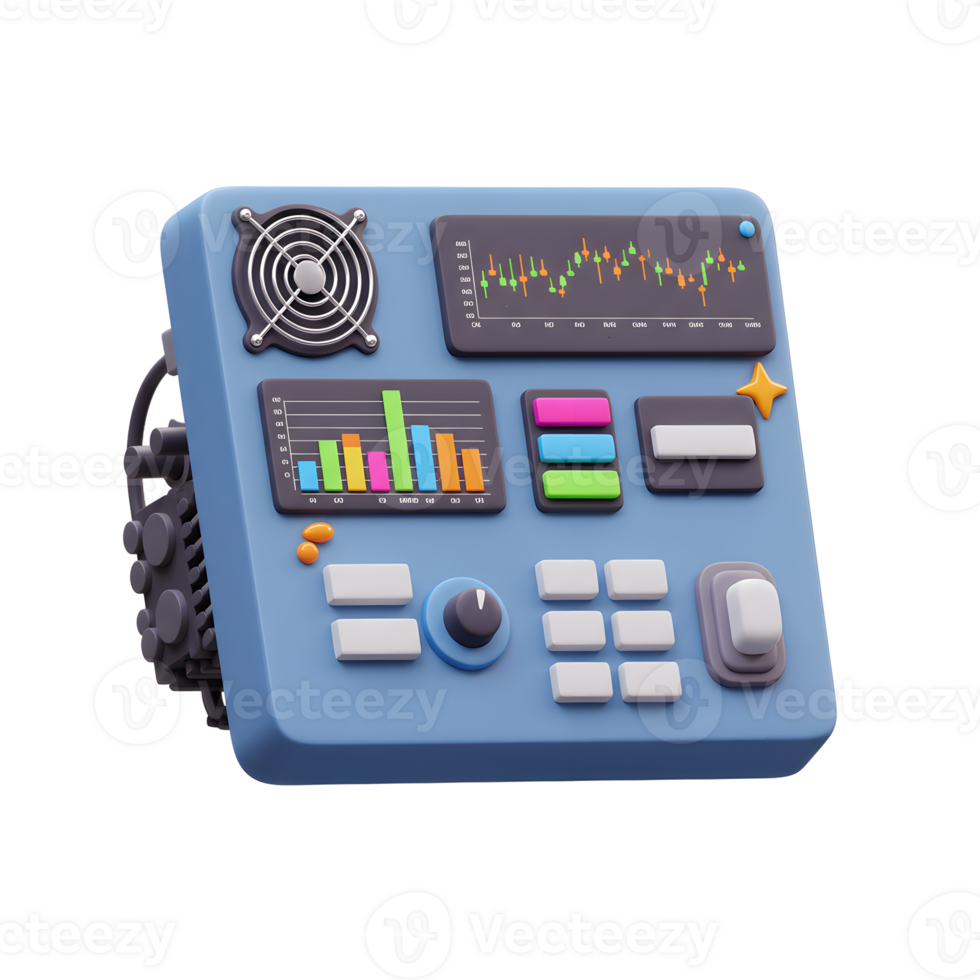 Cartoon Control Panel with Stock Data Charts and Buttons png