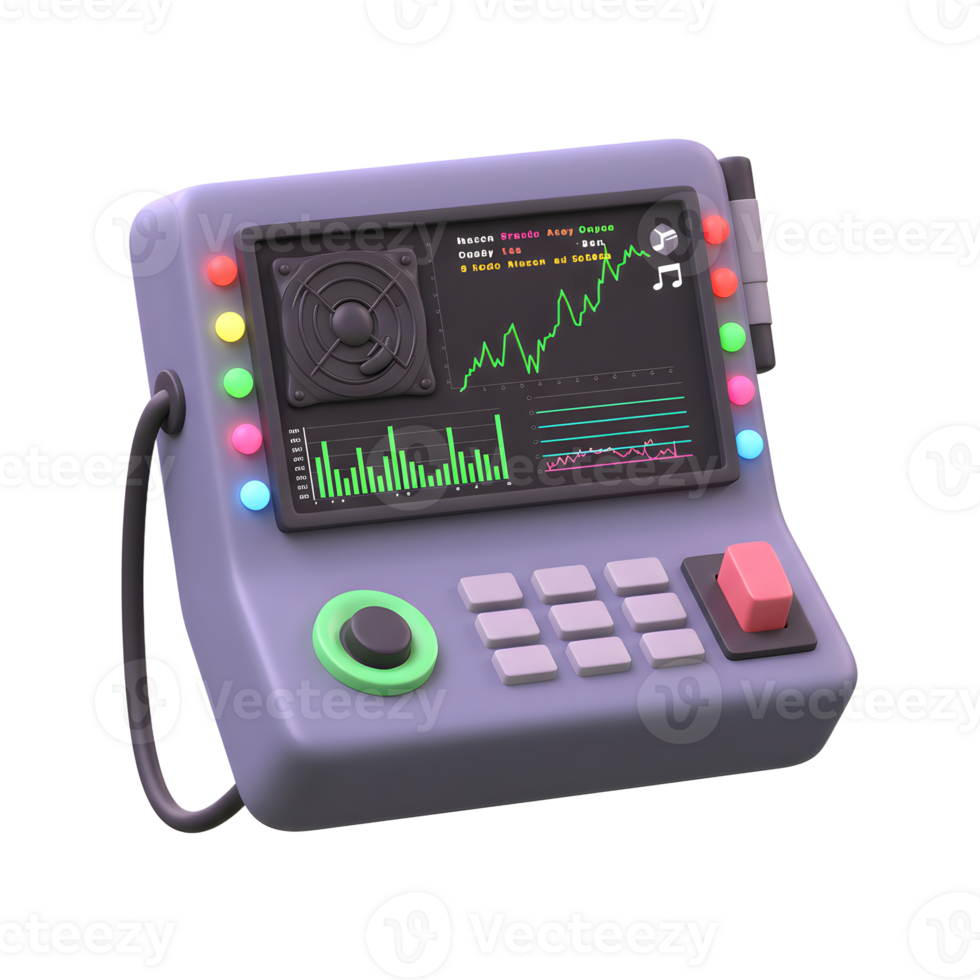 Cartoon Style Control Panel with Screen Displaying Data and Buttons png