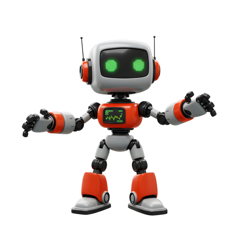 Cartoon Robot Presenting Data with Green Eyes and White Background png