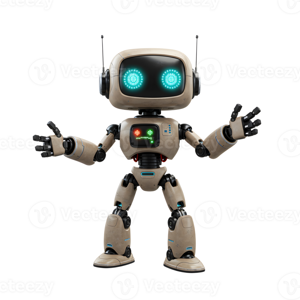 Friendly Robot with Glowing Eyes Welcoming and Standing on White Background png