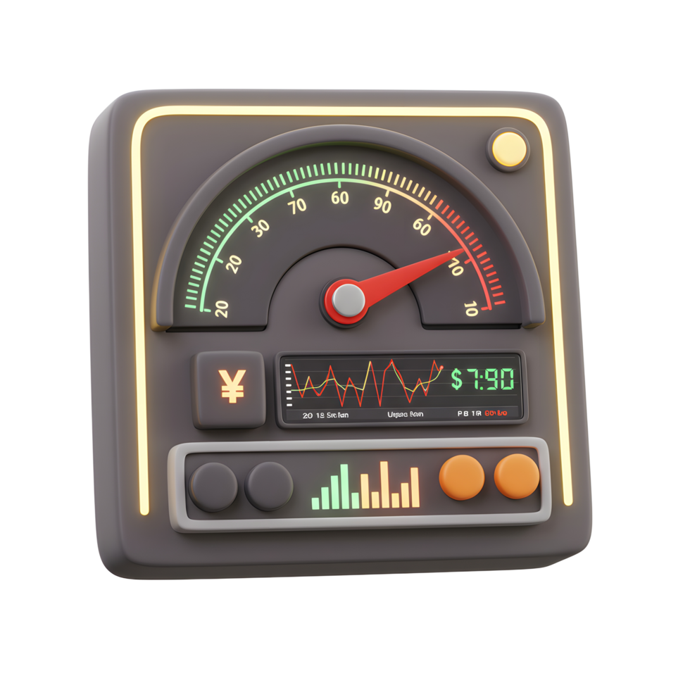 Financial Dashboard with Gauge, Stock Chart, and Currency Symbols png