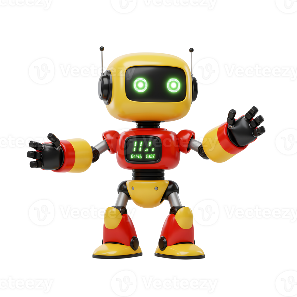 Friendly Yellow and Red Robot Waving on White Background 3D Render png