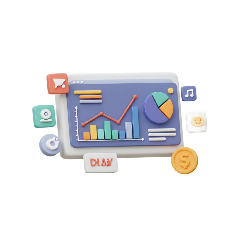 Analyzing Business Performance Data Charts and Social Media Icons Illustration png