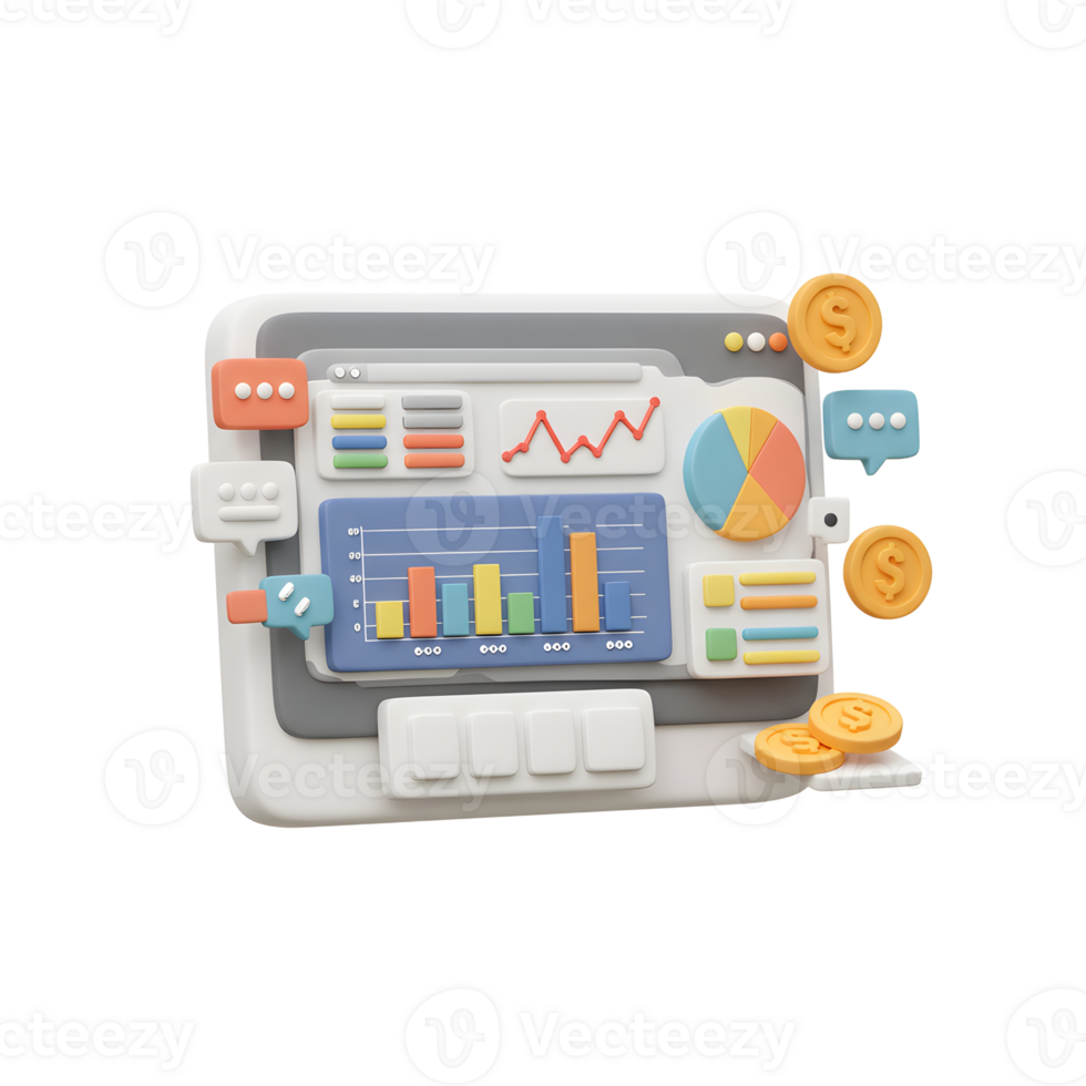 Analyzing Data Charts and Financial Growth with 3D Rendering Illustration png