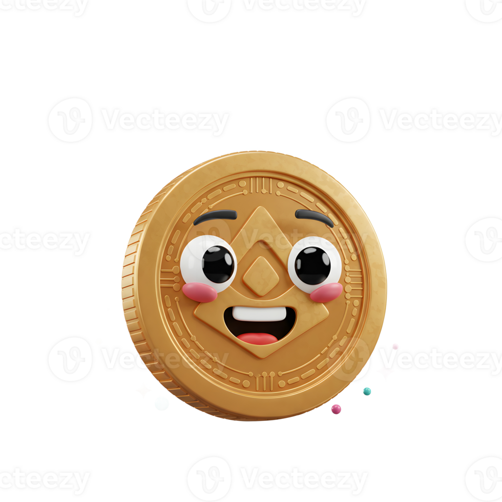 Happy Gold Coin Cartoon Character Smiling with Stars on White Background png