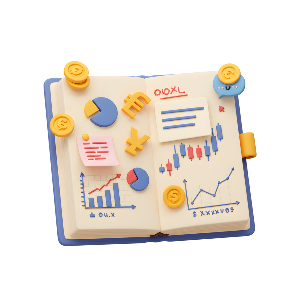 Open Notebook with Financial Charts and Currency Symbols Illustration png
