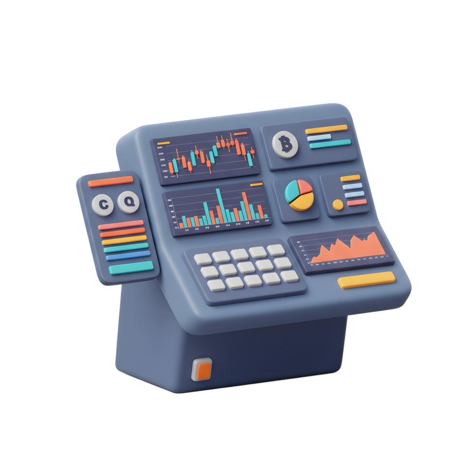 Cartoon Style Stock Market Analysis Dashboard on Blue Stand with Graphs png