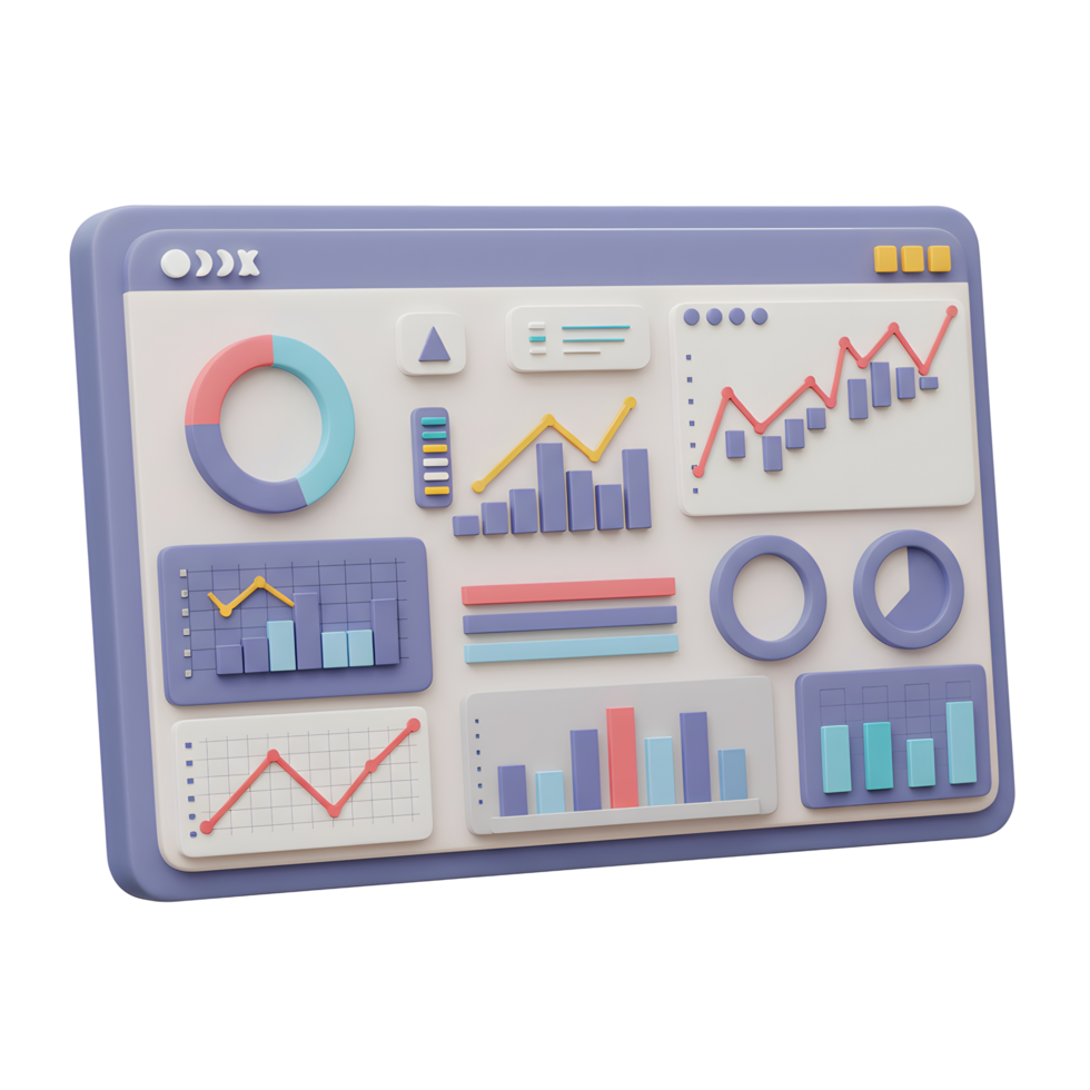 3D Rendering of Business Analytics Dashboard with Charts and Graphs png