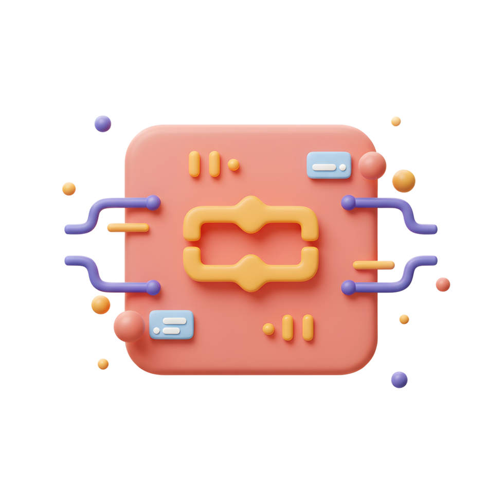 3D Rendering of a Microchip with Code Brackets and Wires png