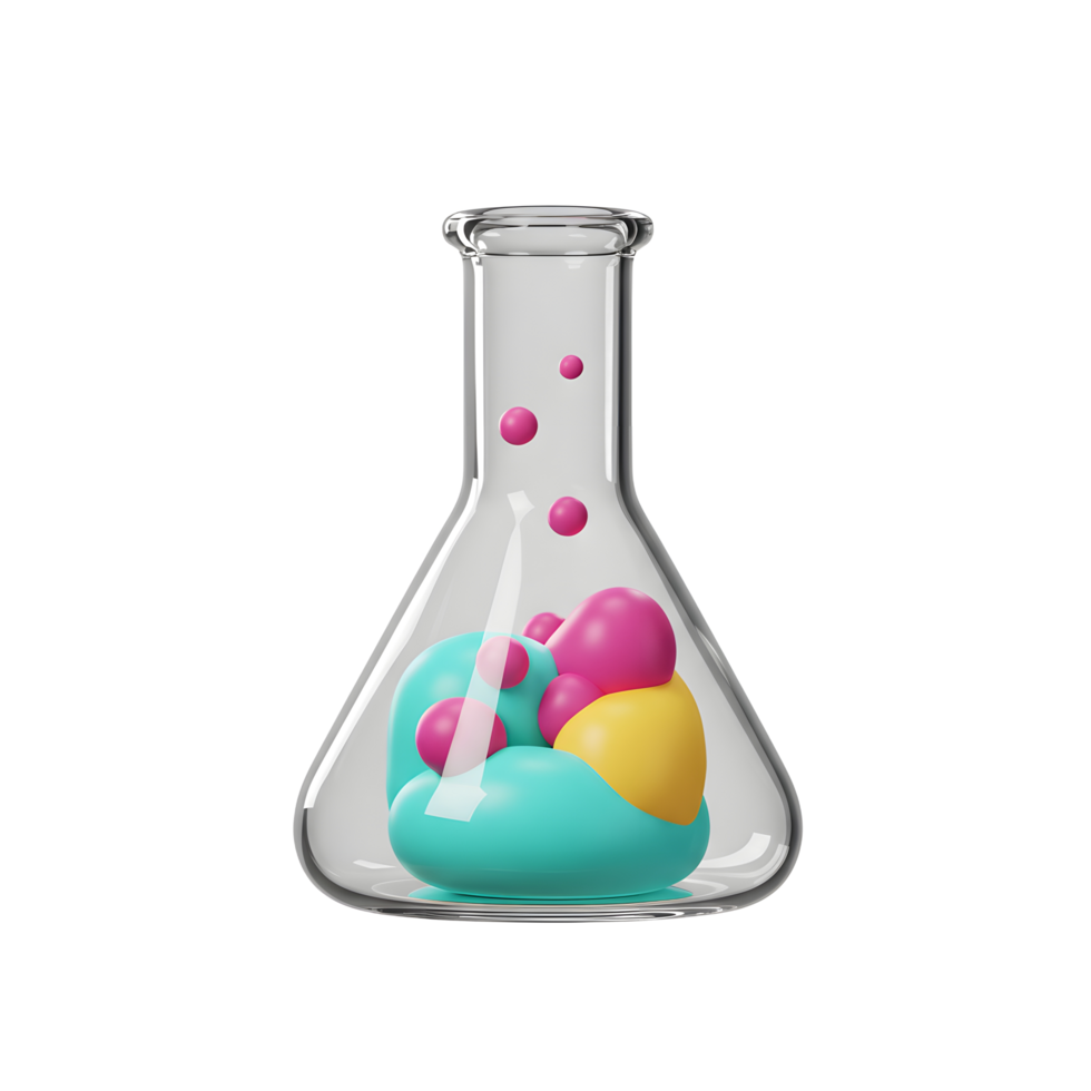 Laboratory Glassware with Colorful Spheres and Abstract Shapes Inside png