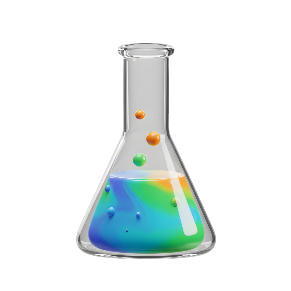 Chemical Flask with Colorful Liquid and Spheres Floating Inside for Experiment png
