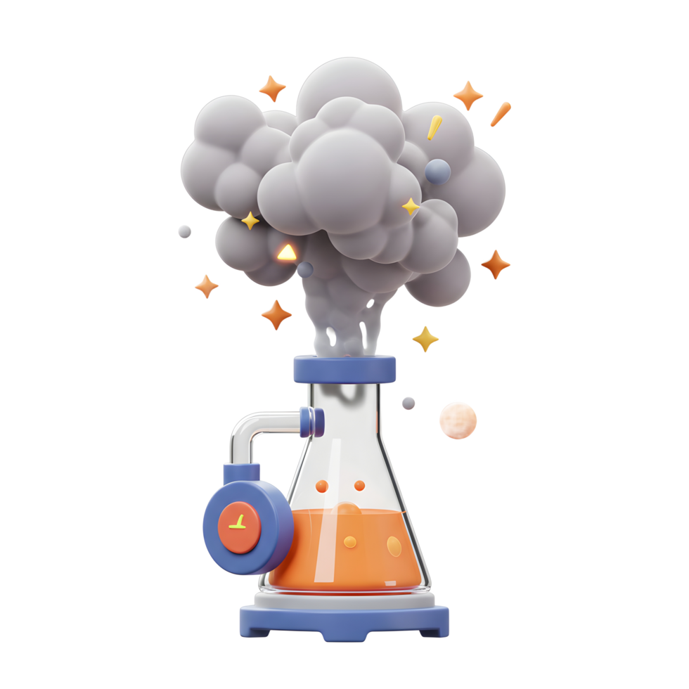 Chemical Experiment with Beaker Erupting in Smoke and Stars 3D Render png