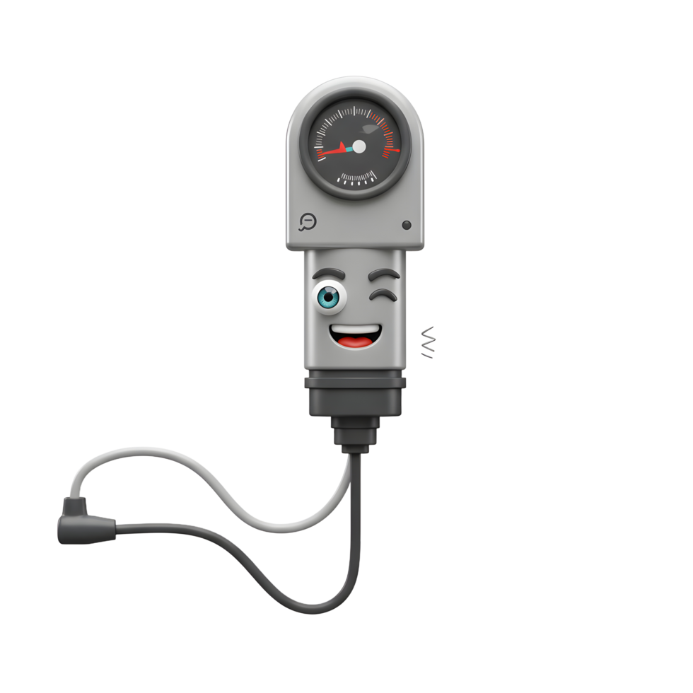 Winking Gauge Cartoon Character with Smiling Face and Electrical Wires png