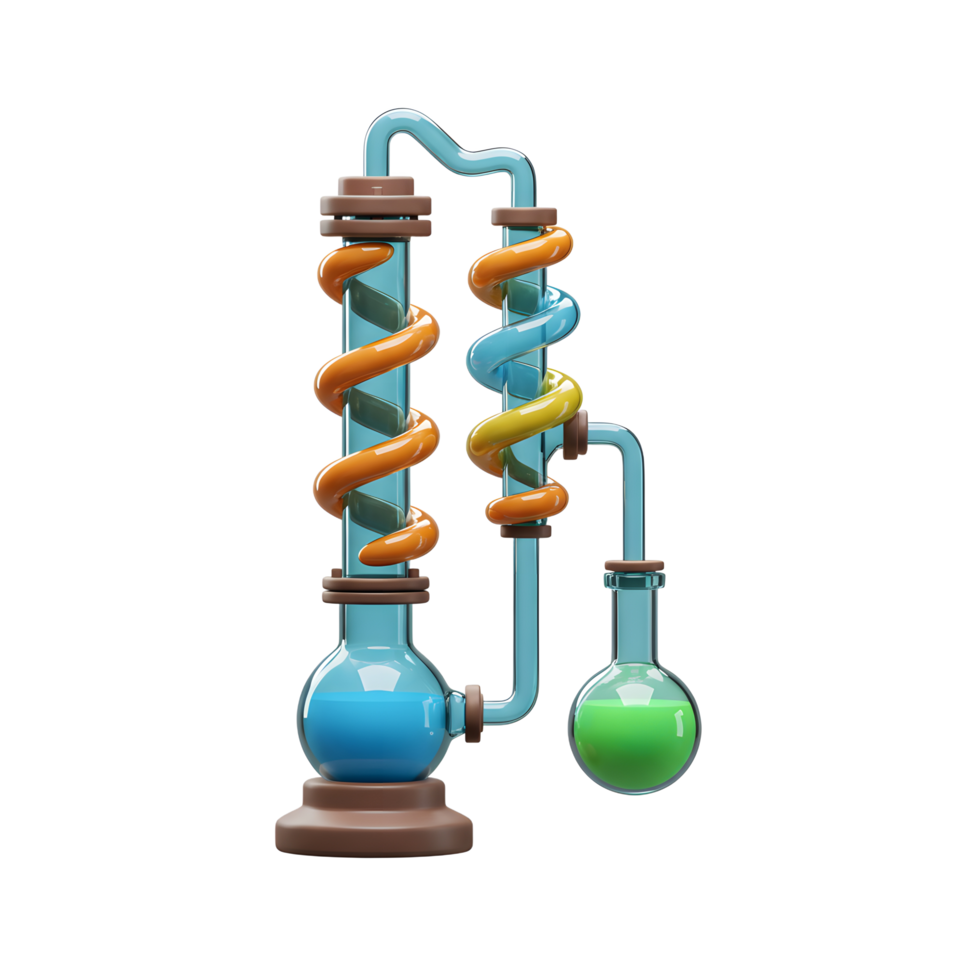 Cartoon Science Experiment Setup with Glass Beakers and Colorful Liquids png