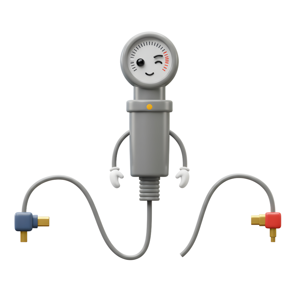Smiling Gauge Cartoon Character with Winking Eye and Attached Cables png
