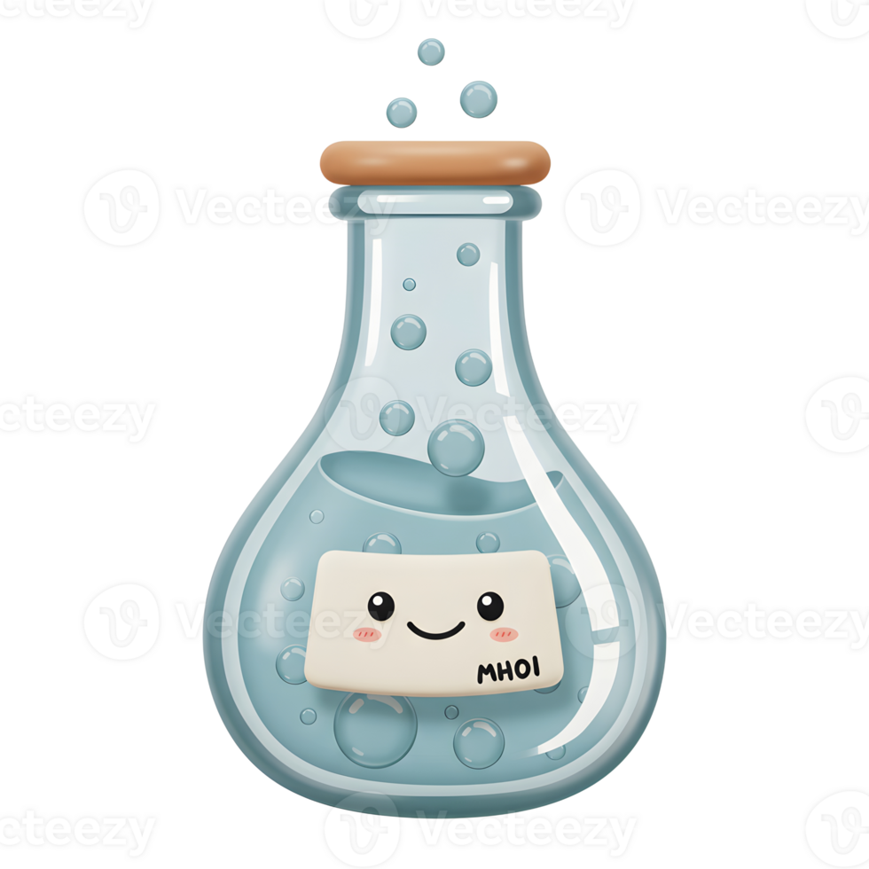 Cartoon Chemistry Flask with Bubbles and Happy Label Illustration png