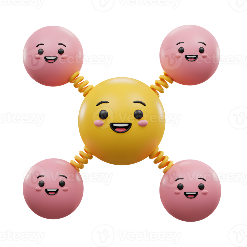 Cartoon Molecule Representation with Smiling Spheres Linked by Spring Connectors png