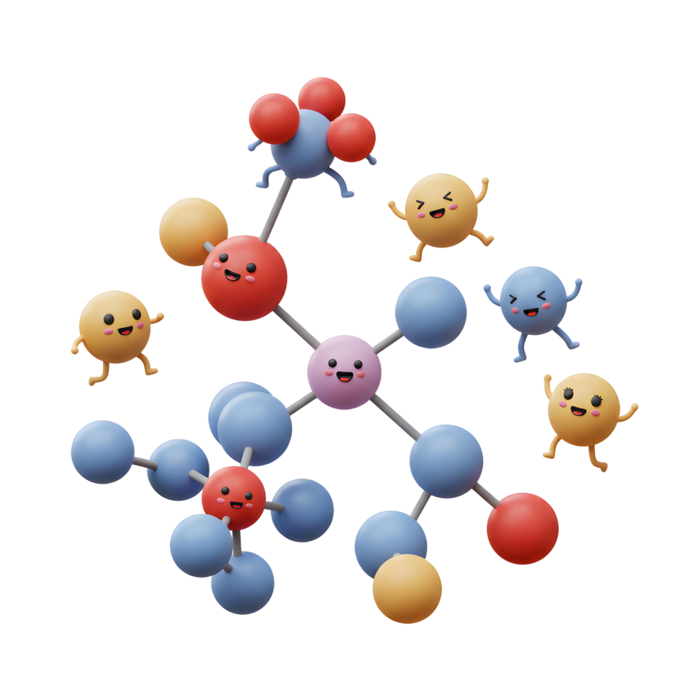 Cute Cartoon Molecule Illustration with Happy Faces and Spheres png