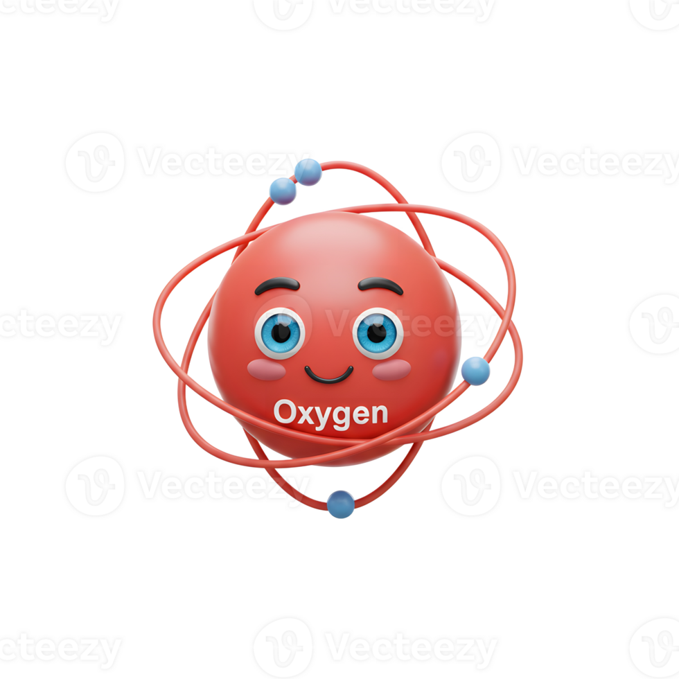 Cute Oxygen Atom Cartoon Character with Smiling Face and Electron Orbitals png