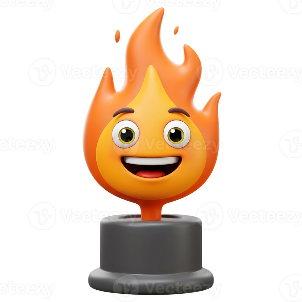 Cartoon Fire Emoji Character with Smiling Face and Trophy Base png