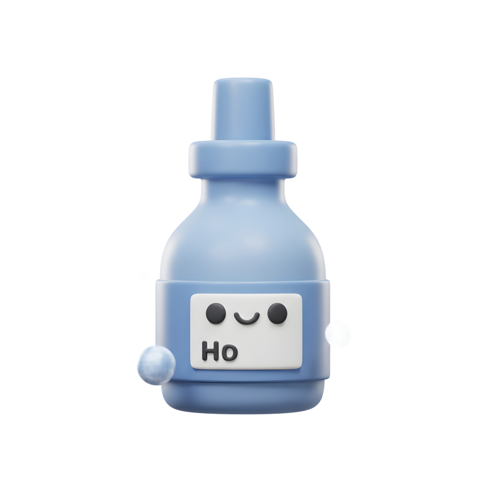 Cute Blue Bottle with Smiling Face and Bubbles 3D Render png