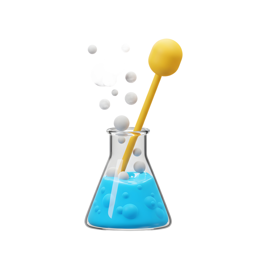 Mixing Science Experiment in Beaker with Bubbles and Yellow Stirrer png