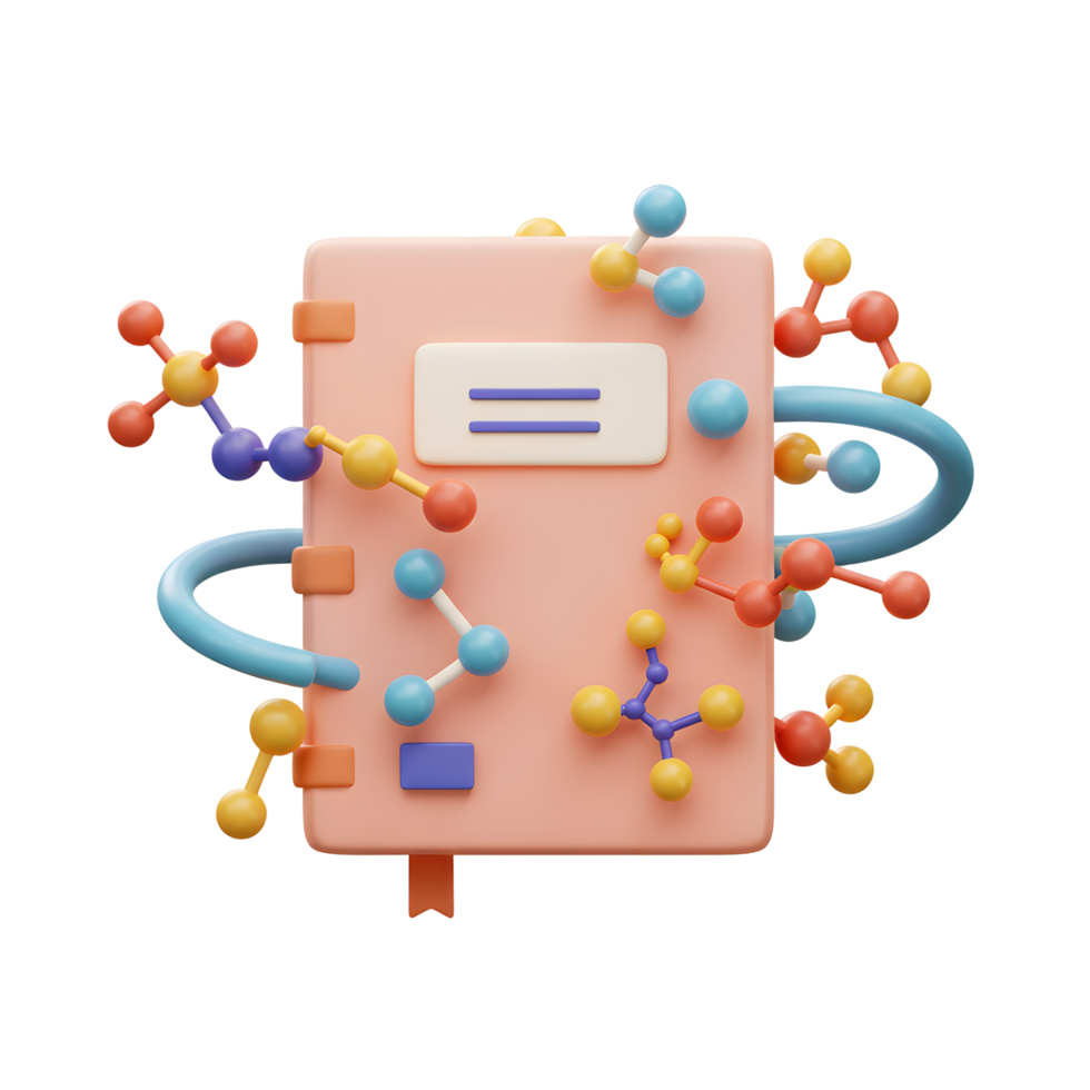 Learning Chemistry Book with Molecule Models 3D Render on White Background png