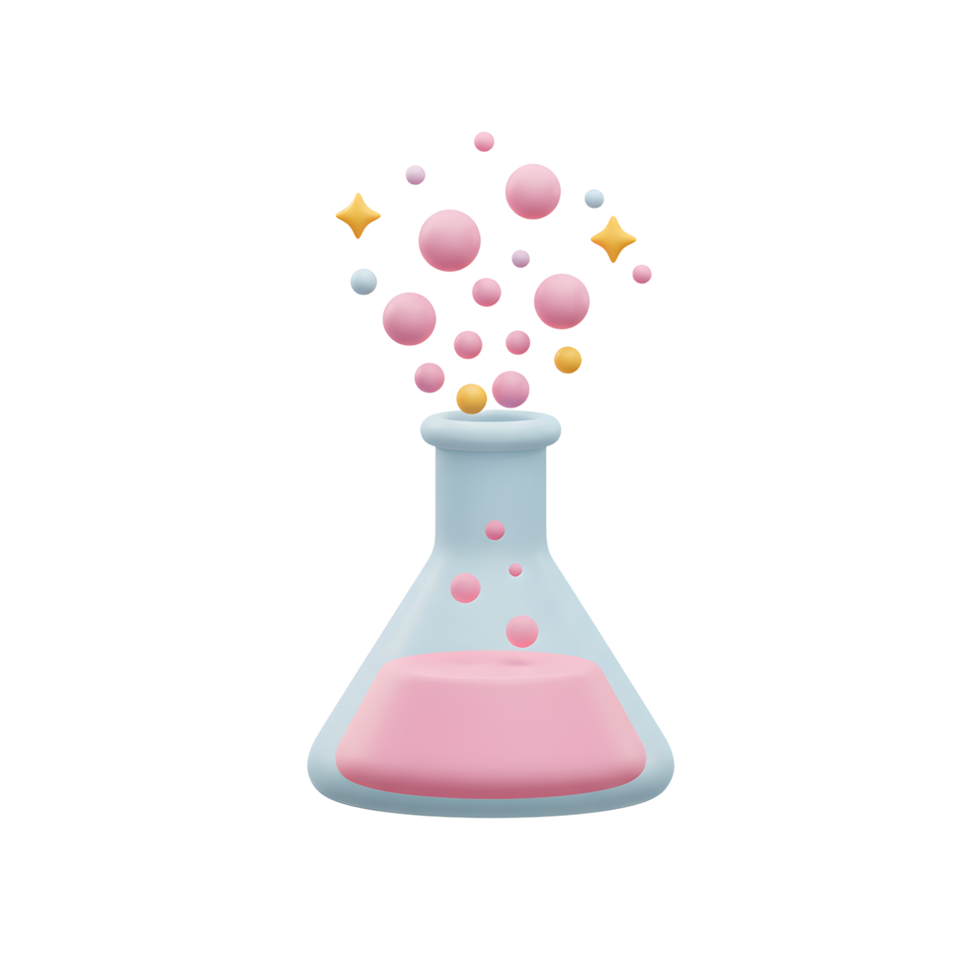 Cartoon Beaker with Pink Liquid and Colorful Bubbles Exploding Out png