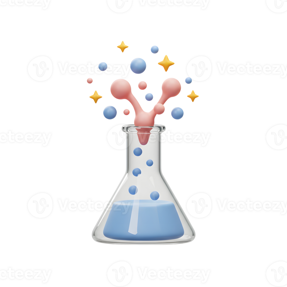 Chemical Reaction in Beaker with Bubbles and Stars Illustration png