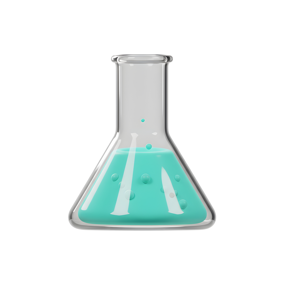Erlenmeyer Flask with Turquoise Liquid, Bubbles and Research Concept png