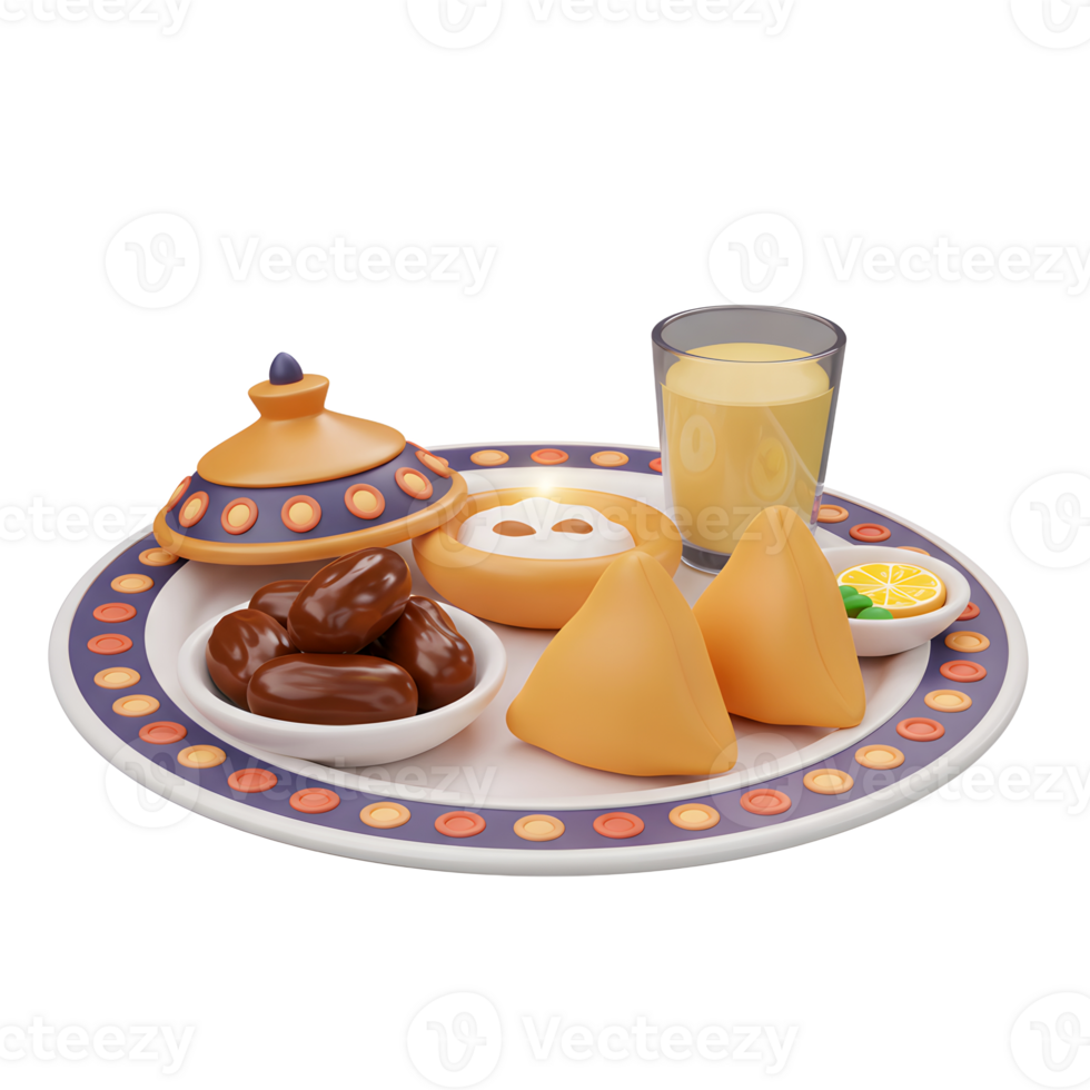 Ramadan Iftar Feast with Dates, Samosas, and Drink on Tray png